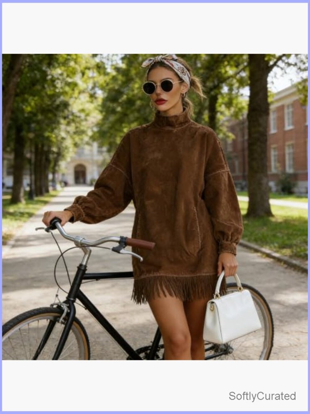 Faux Suede Fringe Mockneck Mini Dress Long Sleeve Loose Fit with Pockets - Picture 7 of 7
